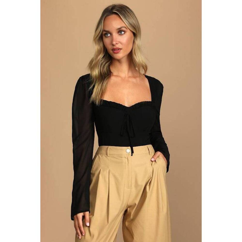 Lulus Be Your Date Black Bustier Backless Long Sleeve Bodysuit - Size M